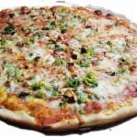 Grilled Chicken Pizza · With green peppers and onions.