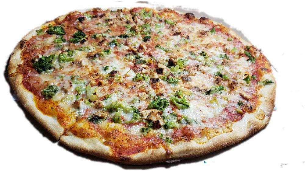 Grilled Chicken Pizza · With green peppers and onions.
