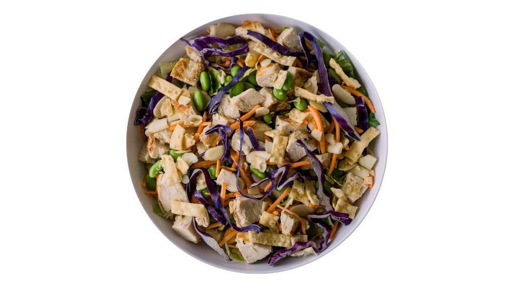 Open Sesame · Romaine | Grilled Chicken | Carrots | Edamame | Almonds | Cabbage | Wonton Strips | . Suggested Dressing: Asian Sesame