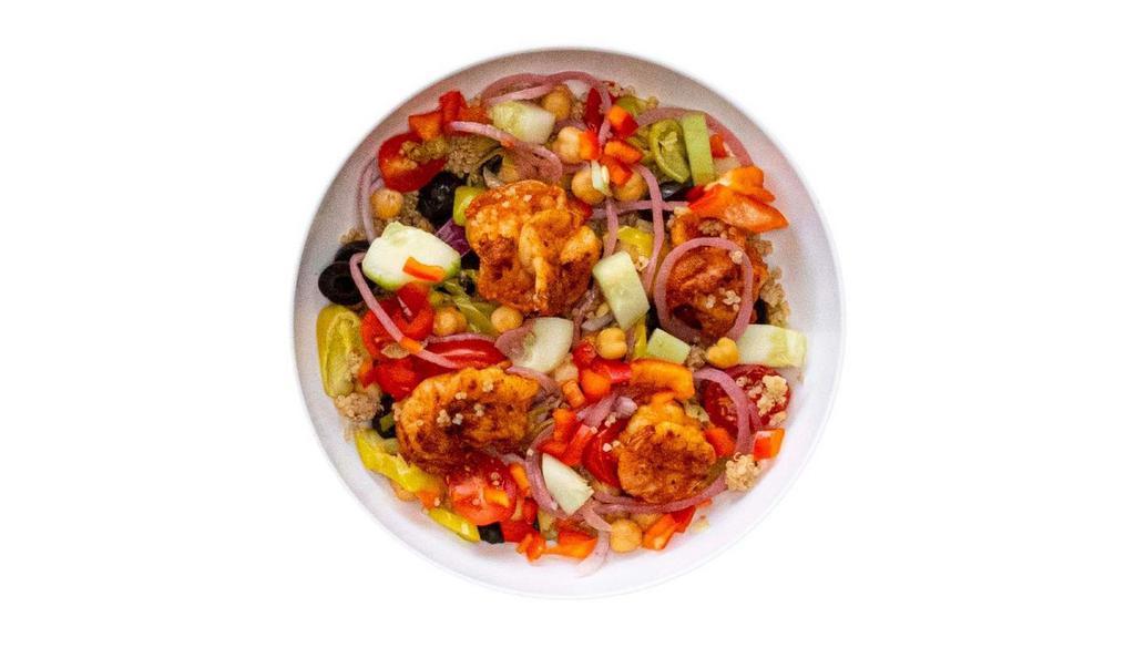 Mediterranean Bowl · Quinoa | Cucumbers | Chick Peas | Red Onions | Tomatoes | Black Olives | Peppers | Pickled Onions | Pepperoncinis | Grilled Shrimp . Suggested Dressing: Champagne Vinaigrette