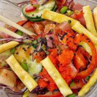Rainbow Bowl · Served with Ahi tuna, salmon, yellowtail, green onion, red pepper, cabbage, edamame, cucumbe...