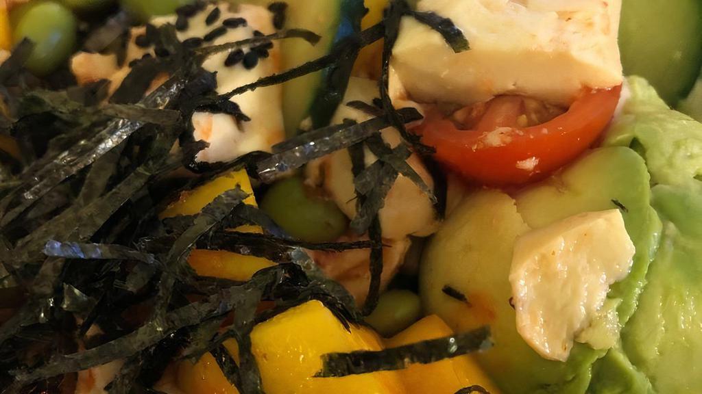 Vegetarian Bowl (Cooked)  · Served with organic tofu, edamame, cucumber, mango, cherry tomato, mixed with ponzu sauce, topped with avocado, seaweed salad, sesame seeds, and nori