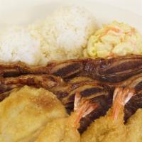 Seafood Combo · Mahi mahi, fried shrimp and choice of BBQ beef, BBQ short ribs or BBQ chicken.