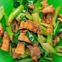Pad Kana Moo Grob · Stir fried Chinese broccoli with crispy pork.