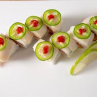 Kiss Of Fire Roll · Spicy tuna, shrimp tempura inside, top with white tuna, jalapeño.