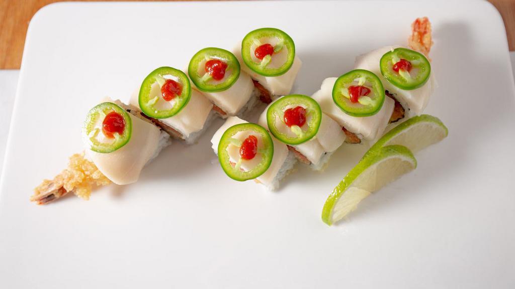 Kiss Of Fire Roll · Spicy tuna, shrimp tempura inside, top with white tuna, jalapeño.