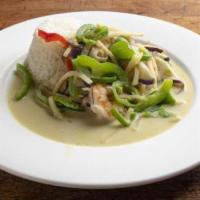 Spicy Green Curry (Dinner) · Eggplant, bamboo shoots, shiitake mushroom, chili pepper, bell pepper, and fresh Thai basil ...