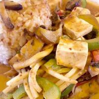 Red Curry (Dinner) · Eggplant, bamboo shoots, shiitake mushroom, chili pepper, bell pepper, and fresh Thai basil ...