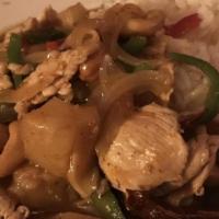 Pineapple Cashew Vegetables (Dinner) · Dried chili, onions, bell pepper, and shiitake mushrooms over brown or Japanese rice with li...