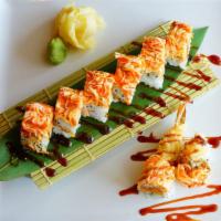Edison Roll · Top menu item. Inside shrimp tempura, spicy tuna outside spicy crab.