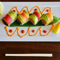 Tri Color Roll · Crunch, spicy tuna with slices tuna, salmon, and avocado on top.