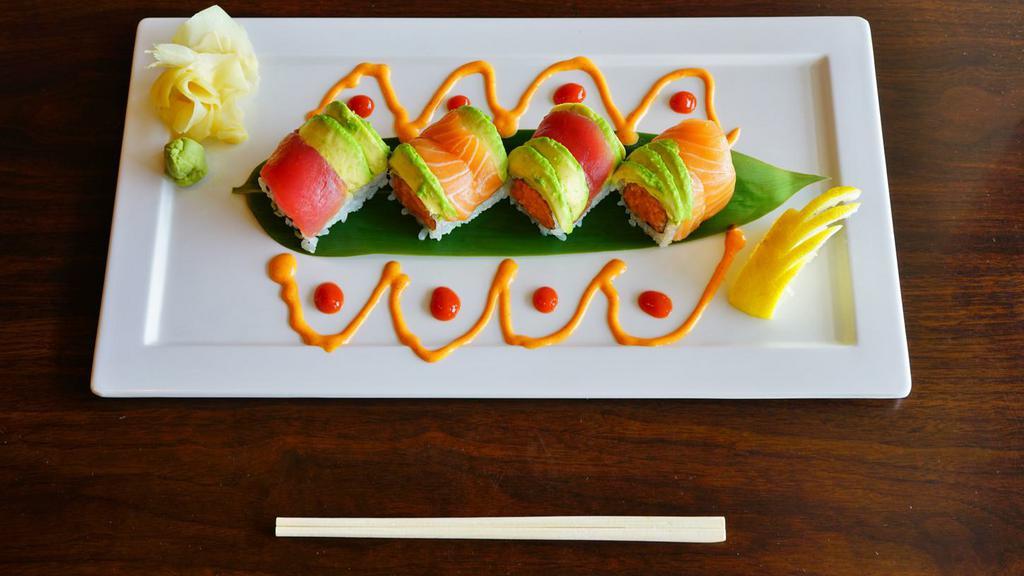 Tri Color Roll · Crunch, spicy tuna with slices tuna, salmon, and avocado on top.
