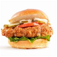 Dilly Chick · buttermilk-fried, all-natural chicken, organic green leaf, organic tomatoes, dill pickles, o...
