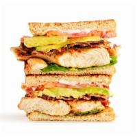 Chicky Club · grilled, all-natural chicken, smoked bacon, avocado, organic green leaf, organic tomatoes, m...