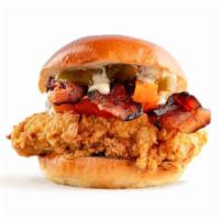 Spicy Ranch · buttermilk-fried, all-natural chicken, smoked bacon, organic tomatoes, pickled jalapeños, mi...
