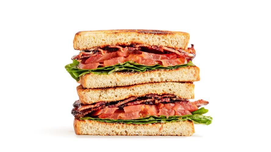 Loaded Blt · six slices of smoked bacon, organic green leaf, organic tomatoes, mustard aioli, sourdough (610 cal)