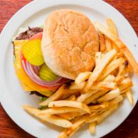 Cheeseburger Deluxe · Most popular. Beef burger served with lettuce, tomato, onions, pickles, mayo, and French fri...