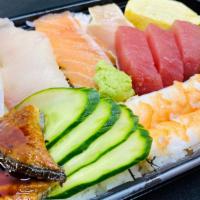 Chirashi Sushi A · Tuna, Salmon, Yellow tail, Albacore, Boiled Shrimp, Calamari, Japanese omelet, Eel,  on the ...
