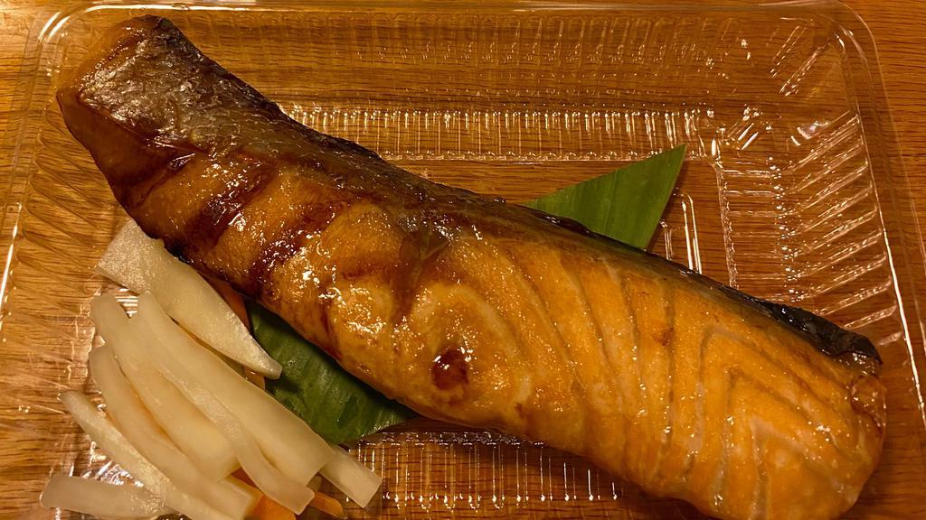 Yuan Yaki Style Grilled Salmon · Marinated with Yuzu Citrus, Soy Sauce
& Sweet Sake, Japanese Sake  then grilled are called 