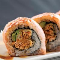 Salmon Tempura Roll · salmon tempura,cucumber & lettuce with eel sause