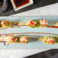 King Lobster 龙虾卷 · deep-fried Lobster meat,  mango inside, lobster salad on top with mango eel sauce.