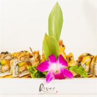 River Monster 海怪卷 · Shrimp tempura, spicy tuna, mango, avocado inside, soft shell crab on top with mango with ee...