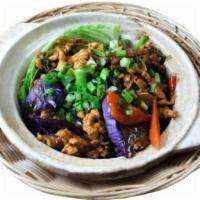 Eggplant Chicken Salted Fish Claypot Stew 咸鱼茄子煲 · Eggplant, chicken, salted fish bits, scallion and ginger in chef's brown sauce. Served with ...