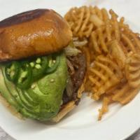 Birria Burger · Beef Burger, chopped birria, melted mozzarella, jalapenos, onion & peppers, sliced avocado o...