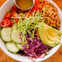 Buddha Bowl · Mixed greens, tomato, cucumber, red cabbage, carrot, chickpeas, avocado, walnuts.

HAS NUTS