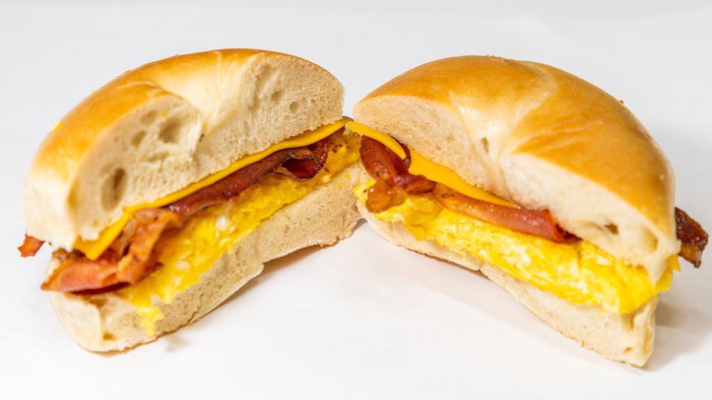Bacon Eggs And Cheese · 2 Scramled Eggs, American Cheese, and Bacon served on a Roll. For bagel, please use special instructions for bagel type otherwise plain will be sent.
