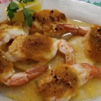 Shrimp Oreganata · Fresh shrimp topped with Italian style home-made seasoned bread crumbs, broiled in a garlic ...