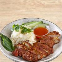 J4 Khao Man Gai Tod · Fried chicken over rice. Fried boneless chicken, ginger rice, radish soup, cucumber, and cil...