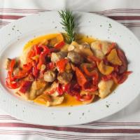Chicken Scarpariella · chicken with sausage, potatoes and vinegar peppers in a lemon, garlic, white wine butter sauce