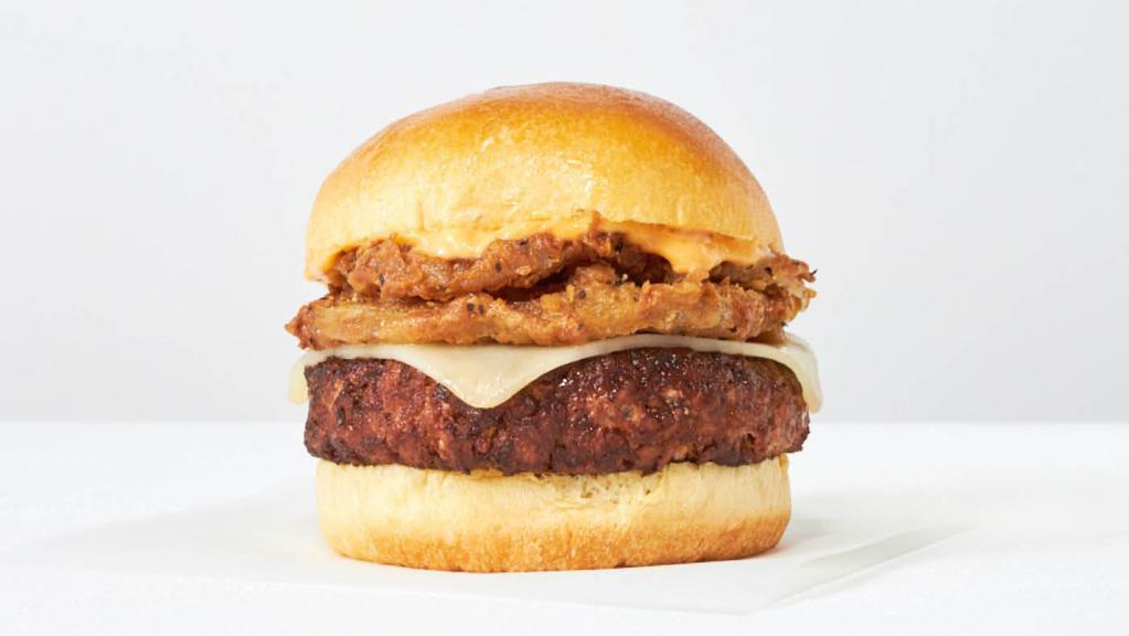 Smokehouse Burger · Beyond Meat®, crispy onions, tangy BBQ, & smoked gouda cheese