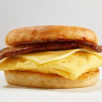 Wake And Bac'N · JUST Egg, organic smoked tempeh, & gouda cheese on an English muffin