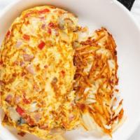 Three Egg Omelette · Hash browns and a choice of four ingredients: ham, bacon, sausage, mushrooms, onions, pepper...
