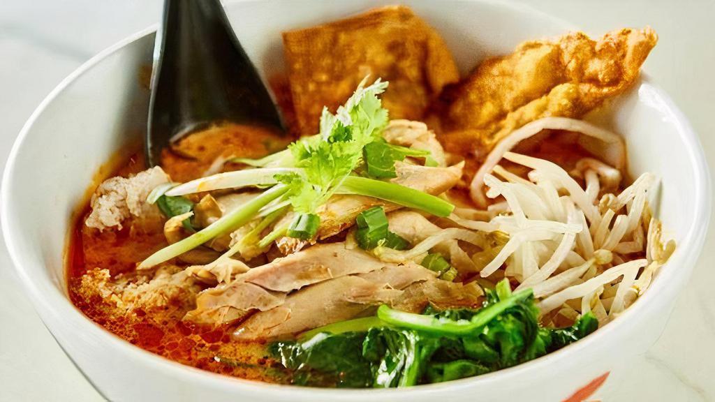 Phuket Noodle Soup · Spicy creamy lemongrass soup base, served with crispy wonton, beansprout, spinach, scallion and cilantro. Gluten-free & vegetarian dish will not serve with fried wonton.