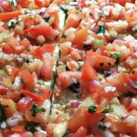 Bruschetta Pizza · Chopped tomatoes and onion with fresh mozzarella.