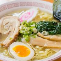 Shio · Sea salt flavored chicken broth, roasted pork, egg, bamboo shoots, spinach, fish cake, scall...