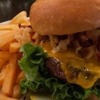 Top Shelf Burger · Short Rib & Sirloin beef blend topped with sharp cheddar chweese, crispy bacon, and our famo...