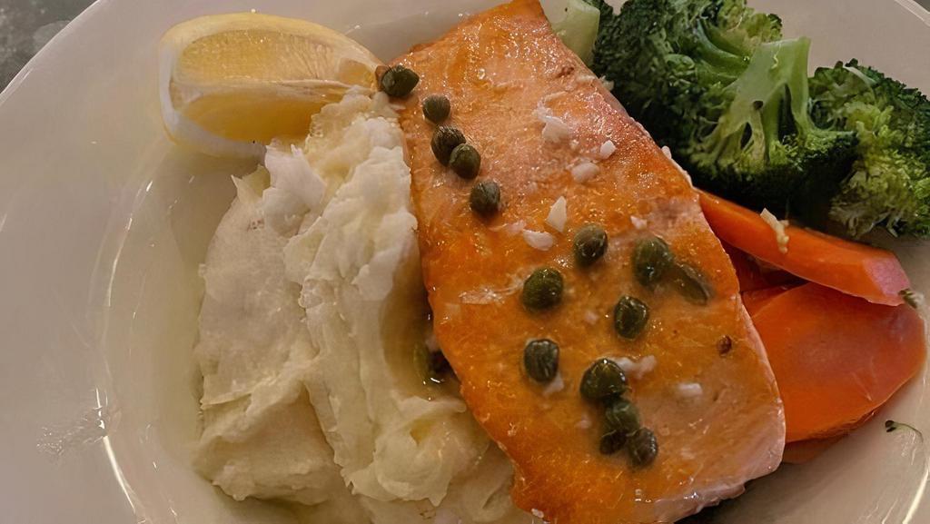Pan-Seared Salmon · Fresh pan seared salmon filet in a caper white wine butter sauce. Served w/ mash potatoes and sauted vegtables