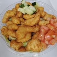 Baby Shrimp Salad · baby shrimp salad with lettuce tomato onion and  cucumbers