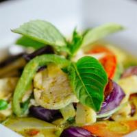 Gang Kiew Wan (Green Curry)* · Choice of meat in green curry paste mixed in coconut milk with bamboo shoots, eggplants, swe...