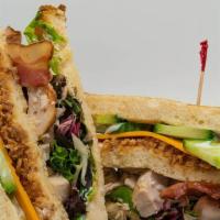 Two-Bro · Roasted chicken, bacon, Cheddar, crispy onion, spring mix, cucumber, ranch dressing on 3 sli...