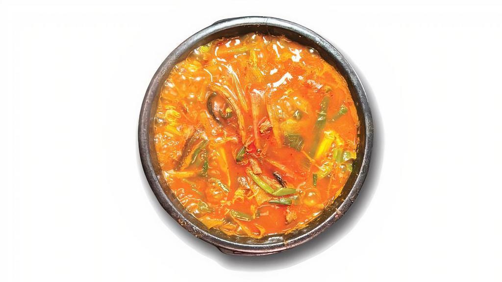육개장 Korean Spicy  Beef Soup 韓音表記 · shredded beef, scallions & glass noodles in spicy sauce.