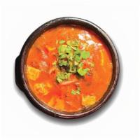 된장찌개 Doenjang Jigae 肉大醬湯 · Korean soybean paste stew w/tofu, squash, beef & onion.