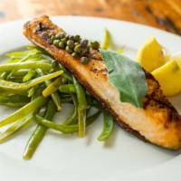 Salmon · Most popular. Pan seared with lemon, capers, sage, split string beans and extra virgin olive...
