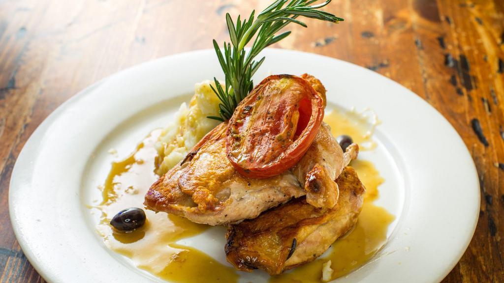 Roasted Rosemary Chicken · With mashed potatoes, gravy and kalamata olives. Orders with this item may take 10-15 minutes longer than the estimate delivery time.