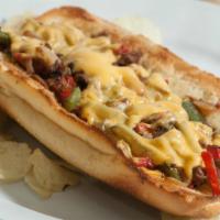 Philly Cheese Steak On A Hero · Grilled steak, onion and peppers, melted American cheese.