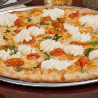 White Pie · Mozzarella, ricotta, basil, cherry tomatoes, garlic, EVOO.